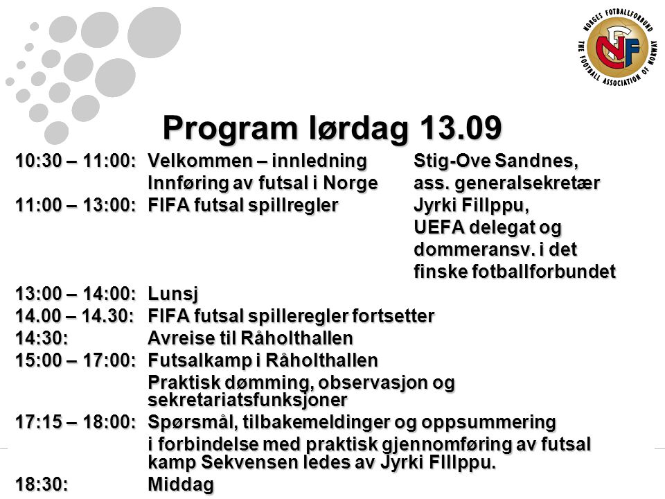 Program lørdag :30 – 11:00:Velkommen – innledningStig-Ove Sandnes, Innføring av futsal i Norgeass.