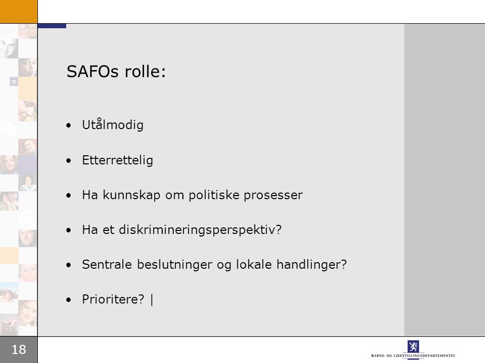 18 SAFOs rolle: •Utålmodig •Etterrettelig •Ha kunnskap om politiske prosesser •Ha et diskrimineringsperspektiv.