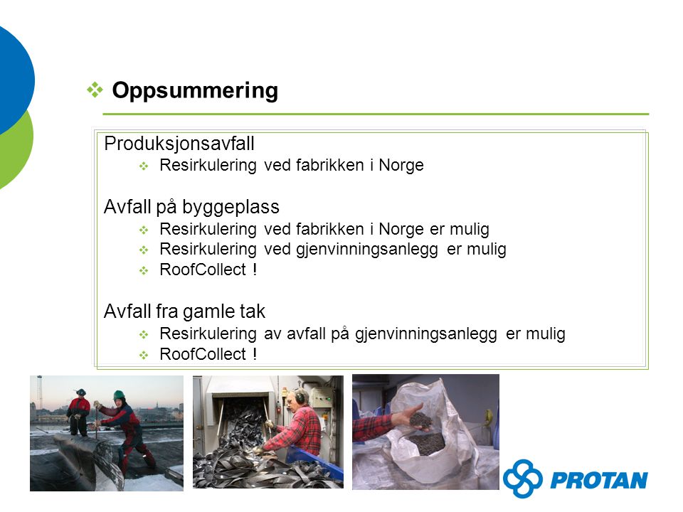 Produksjonsavfall  Resirkulering ved fabrikken i Norge Avfall på byggeplass  Resirkulering ved fabrikken i Norge er mulig  Resirkulering ved gjenvinningsanlegg er mulig  RoofCollect .
