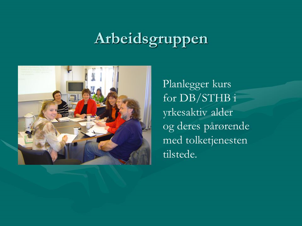 Arbeidsgruppen Planlegger kurs for DB/STHB i yrkesaktiv alder og deres pårørende med tolketjenesten tilstede.