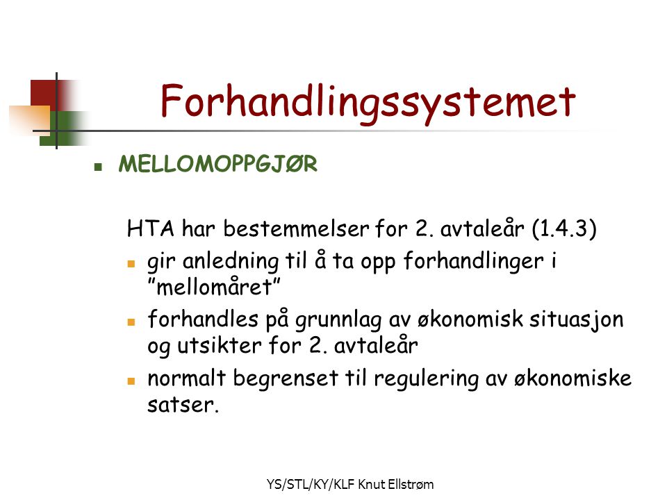 YS/STL/KY/KLF Knut Ellstrøm Forhandlingssystemet  MELLOMOPPGJØR HTA har bestemmelser for 2.
