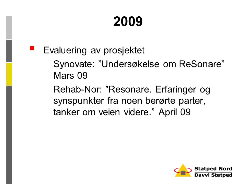 2009  Evaluering av prosjektet Synovate: Undersøkelse om ReSonare Mars 09 Rehab-Nor: Resonare.
