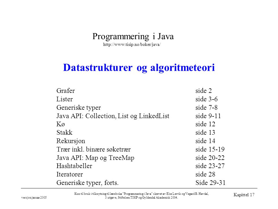 Programmering i Java   versjon januar 2005 Kun til bruk i tilknytning til læreboka Programmering i Java skrevet av Else Lervik og Vegard B.