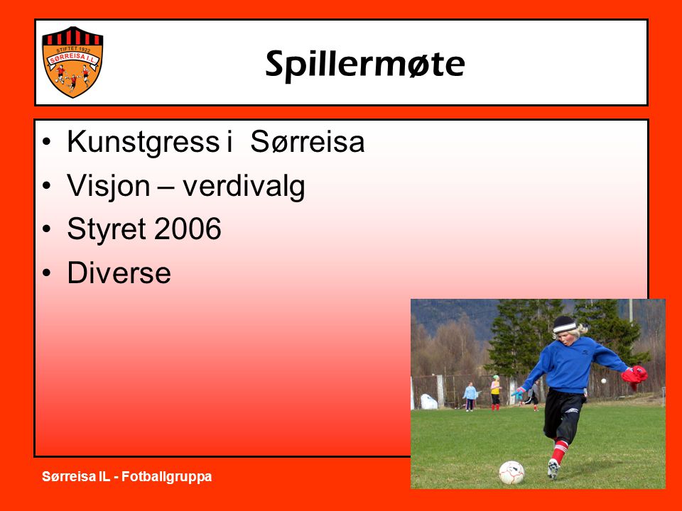Sørreisa IL - Fotballgruppa Spillermøte •Kunstgress i Sørreisa •Visjon – verdivalg •Styret 2006 •Diverse