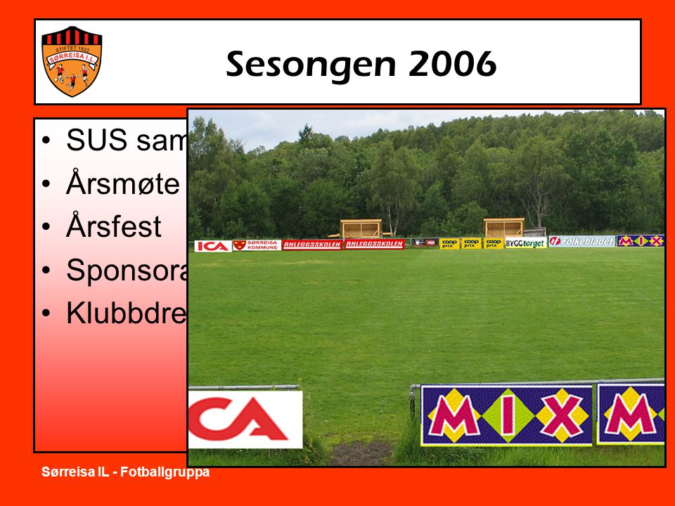Sørreisa IL - Fotballgruppa Sesongen 2006 •SUS samarbeid •Årsmøte •Årsfest •Sponsorarbeid •Klubbdresser