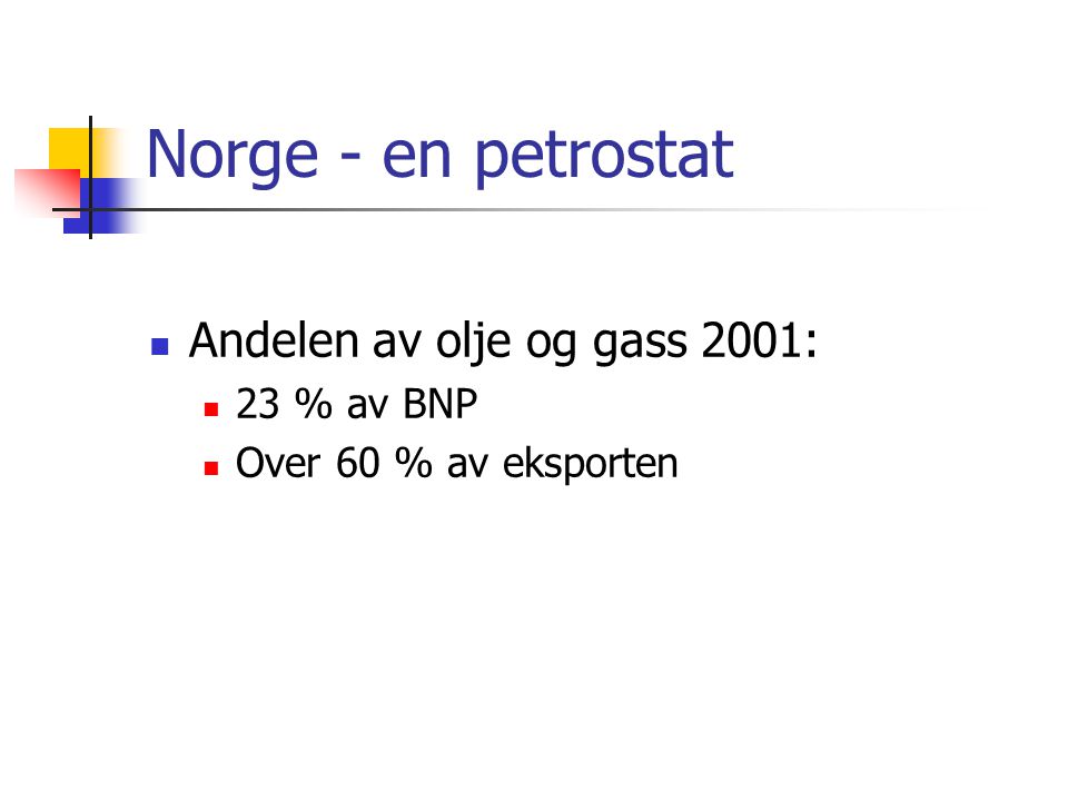 Norge - en petrostat  Andelen av olje og gass 2001:  23 % av BNP  Over 60 % av eksporten