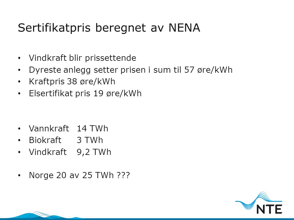 Sertifikatpris beregnet av NENA • Vindkraft blir prissettende • Dyreste anlegg setter prisen i sum til 57 øre/kWh • Kraftpris 38 øre/kWh • Elsertifikat pris 19 øre/kWh • Vannkraft 14 TWh • Biokraft 3 TWh • Vindkraft 9,2 TWh • Norge 20 av 25 TWh