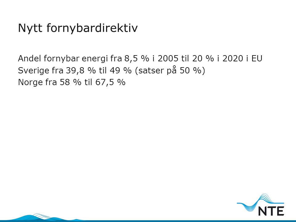Nytt fornybardirektiv Andel fornybar energi fra 8,5 % i 2005 til 20 % i 2020 i EU Sverige fra 39,8 % til 49 % (satser på 50 %) Norge fra 58 % til 67,5 %