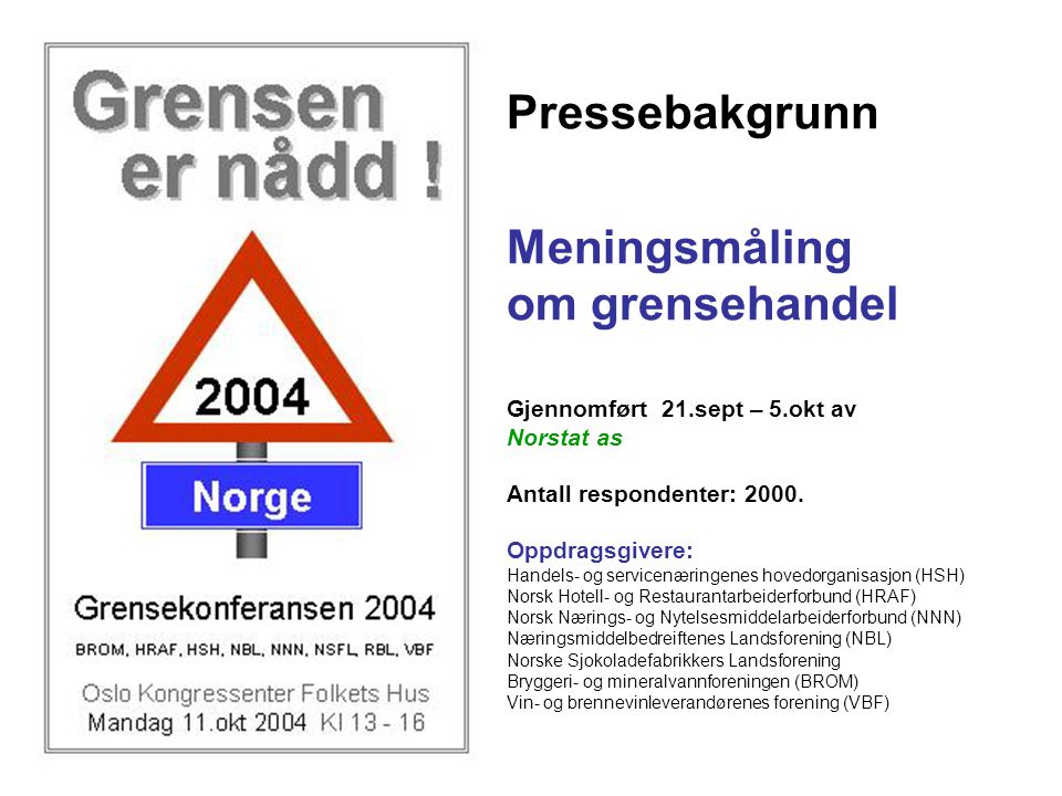 Pressebakgrunn Meningsmåling om grensehandel Gjennomført 21.sept – 5.okt av Norstat as Antall respondenter: 2000.