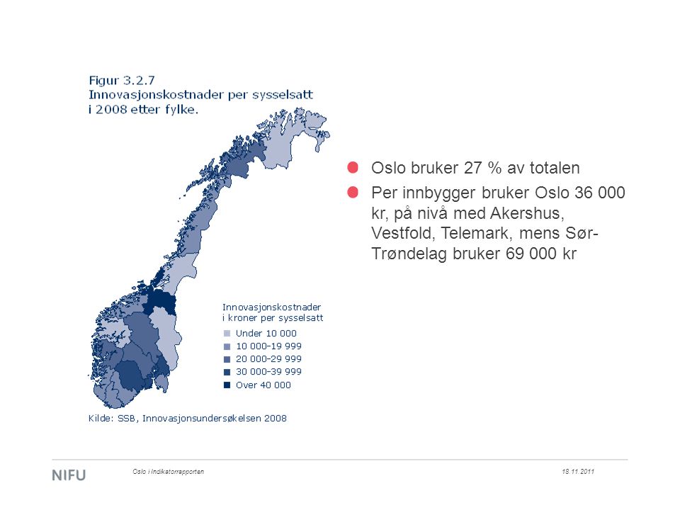 Oslo i Indikatorrapporten Oslo bruker 27 % av totalen Per innbygger bruker Oslo kr, på nivå med Akershus, Vestfold, Telemark, mens Sør- Trøndelag bruker kr