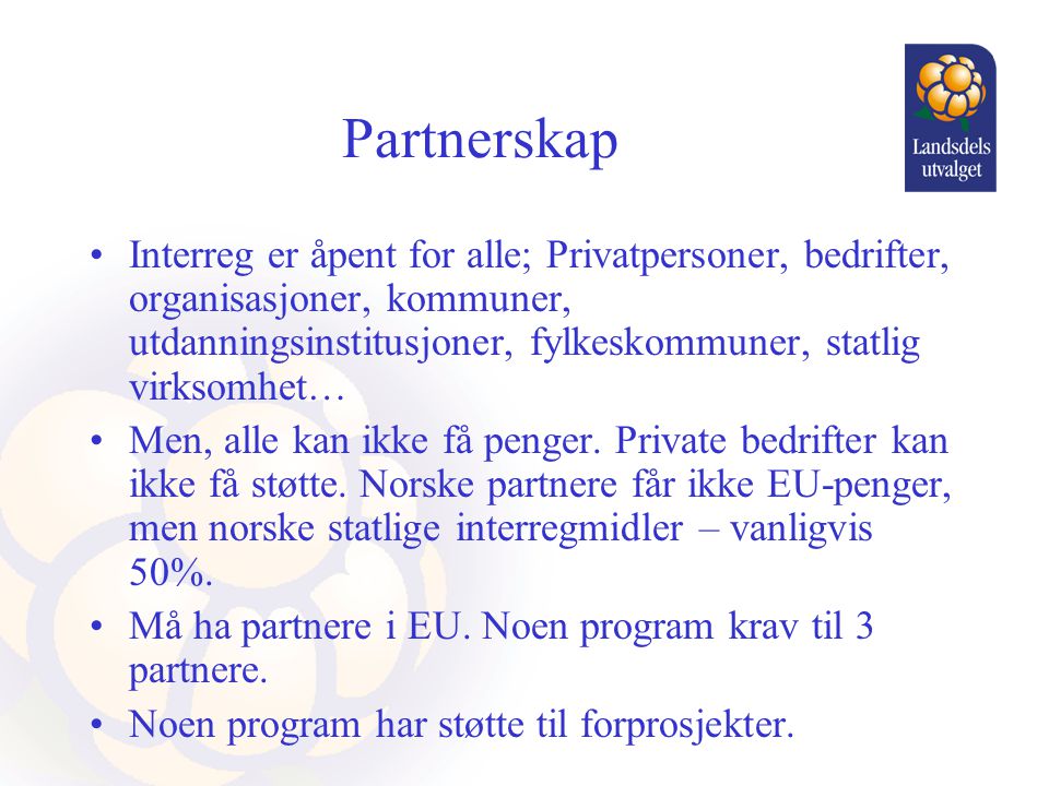Partnerskap •Interreg er åpent for alle; Privatpersoner, bedrifter, organisasjoner, kommuner, utdanningsinstitusjoner, fylkeskommuner, statlig virksomhet… •Men, alle kan ikke få penger.