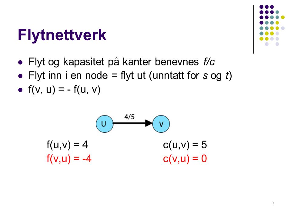 Flytnettverk  Flyt og kapasitet på kanter benevnes f/c  Flyt inn i en node = flyt ut (unntatt for s og t)  f(v, u) = - f(u, v) f(u,v) = 4 c(u,v) = 5 f(v,u) = -4c(v,u) = 0 5
