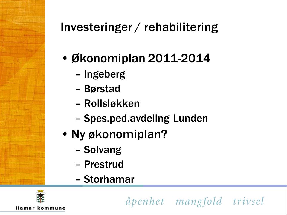 Investeringer / rehabilitering •Økonomiplan –Ingeberg –Børstad –Rollsløkken –Spes.ped.avdeling Lunden •Ny økonomiplan.