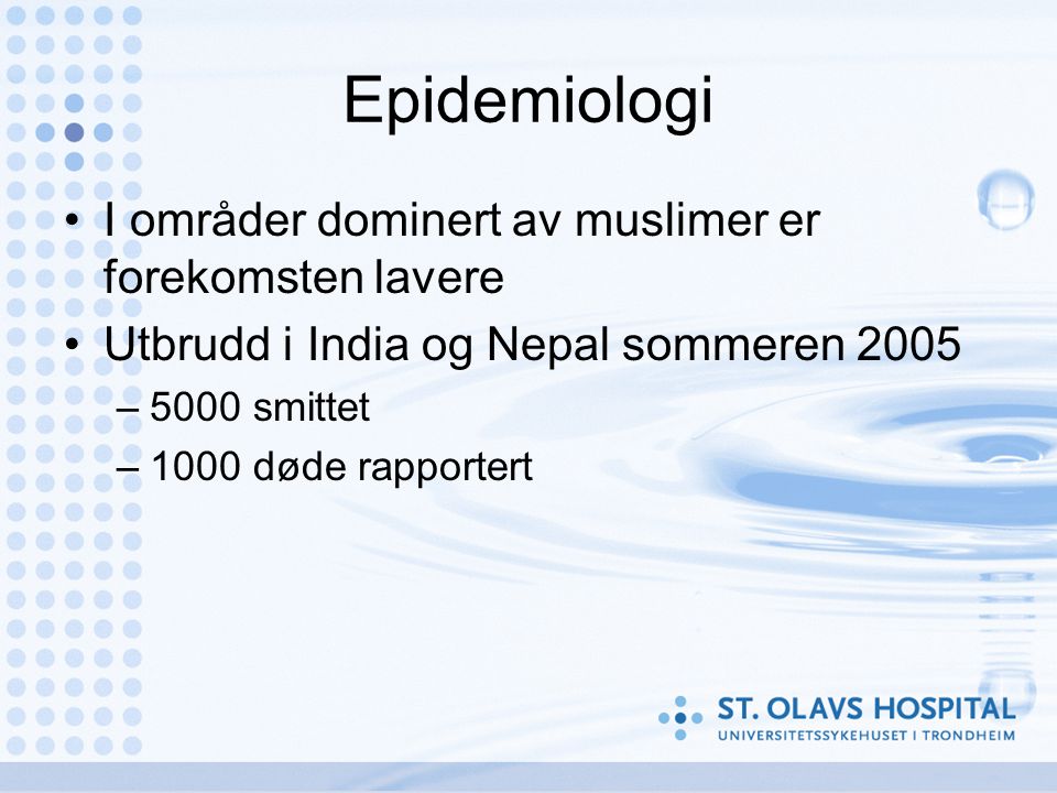 Epidemiologi •I områder dominert av muslimer er forekomsten lavere •Utbrudd i India og Nepal sommeren 2005 –5000 smittet –1000 døde rapportert