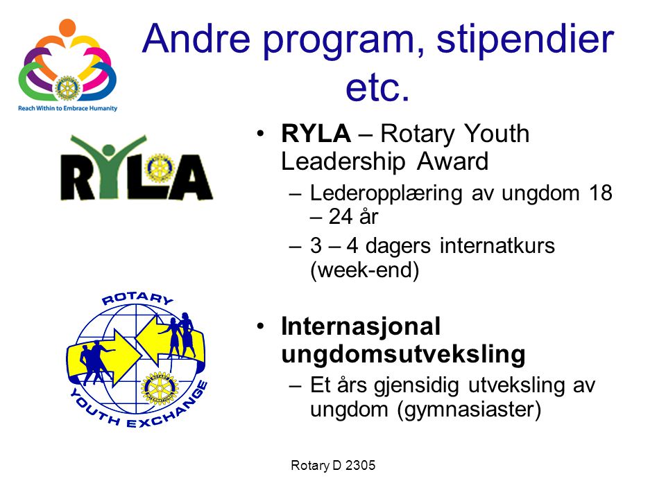 Rotary D 2305 Andre program, stipendier etc.