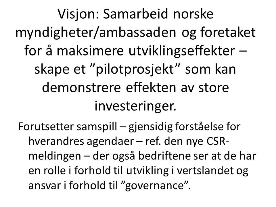 Visjon: Samarbeid norske myndigheter/ambassaden og foretaket for å maksimere utviklingseffekter – skape et pilotprosjekt som kan demonstrere effekten av store investeringer.