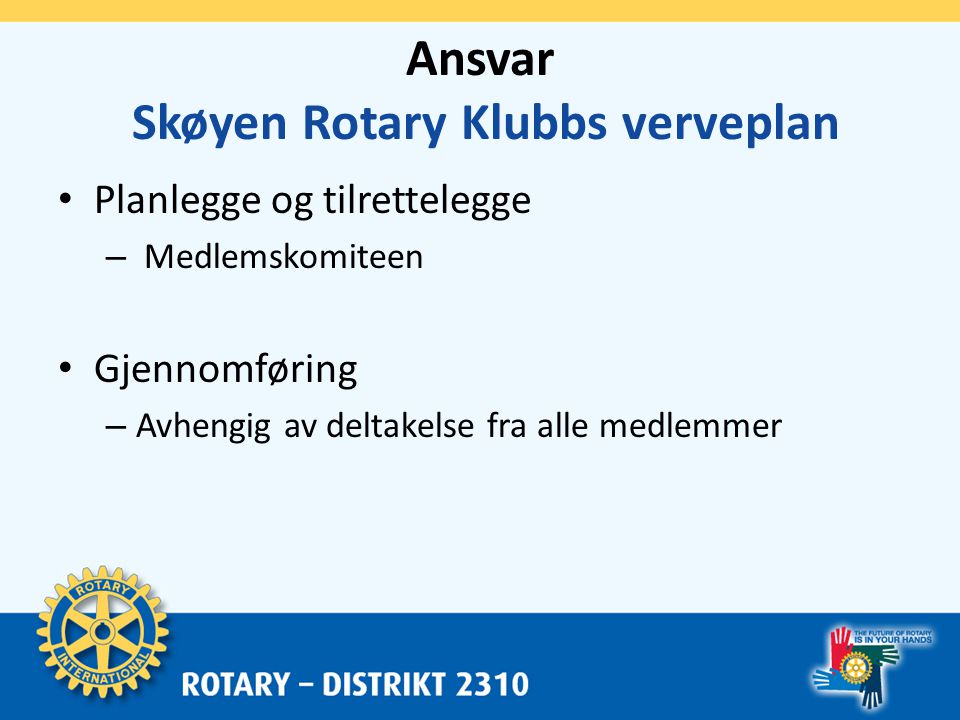 Ansvar Skøyen Rotary Klubbs verveplan • Planlegge og tilrettelegge – Medlemskomiteen • Gjennomføring – Avhengig av deltakelse fra alle medlemmer