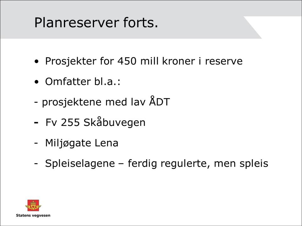 Store planreserver Fv 311 Fullføring av vegen Ersgård- Sjøsetervegen Lilleha mmer 9Noe usikker planreserve.