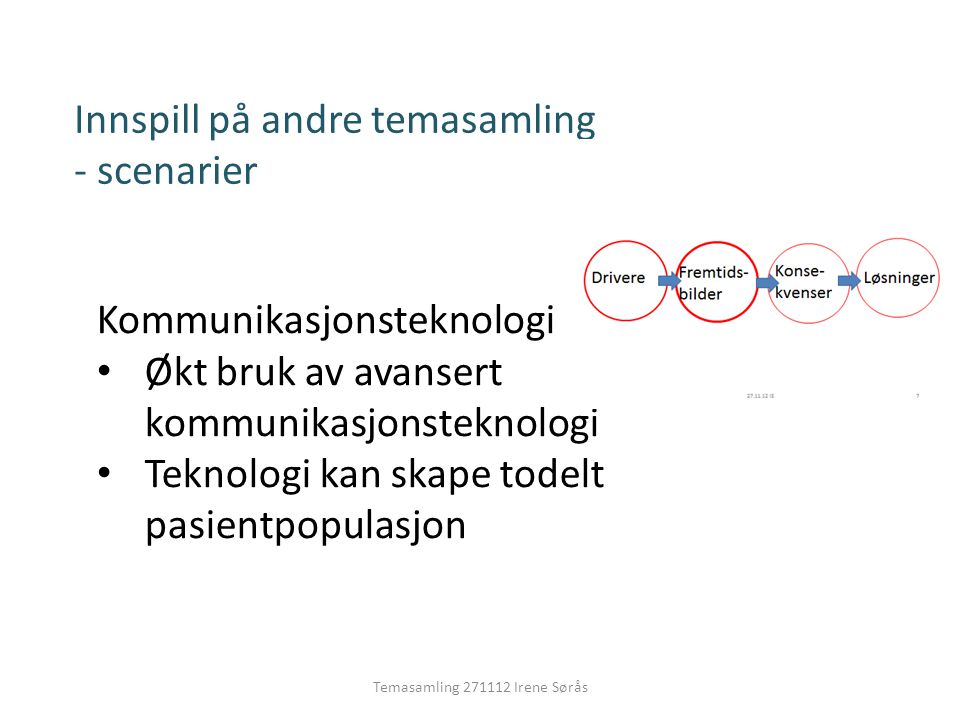 Temasamling Irene Sørås Innspill på andre temasamling - scenarier Kommunikasjonsteknologi • Økt bruk av avansert kommunikasjonsteknologi • Teknologi kan skape todelt pasientpopulasjon