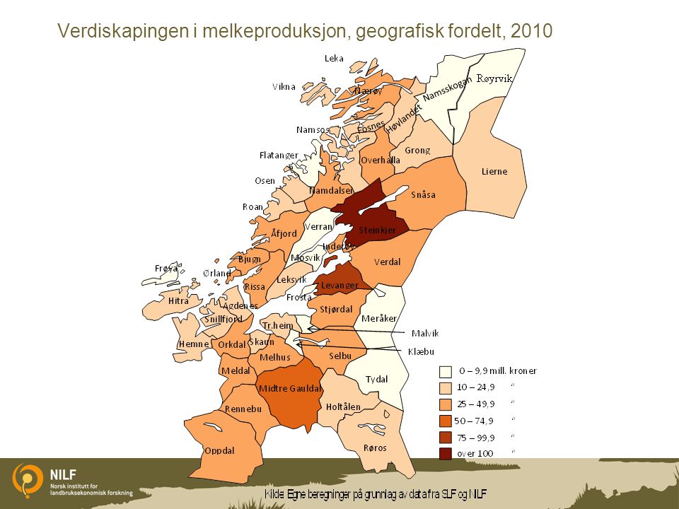 Verdiskapingen i melkeproduksjon, geografisk fordelt, 2010