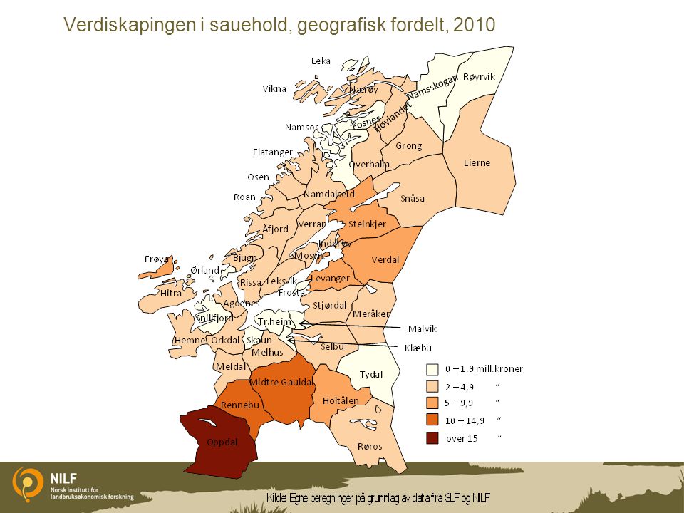 Verdiskapingen i sauehold, geografisk fordelt, 2010