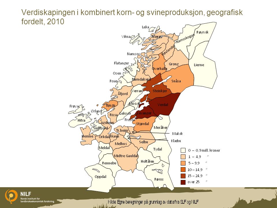 Verdiskapingen i kombinert korn- og svineproduksjon, geografisk fordelt, 2010