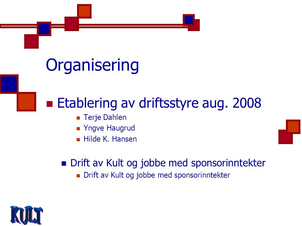Organisering  Etablering av driftsstyre aug  Terje Dahlen  Yngve Haugrud  Hilde K.