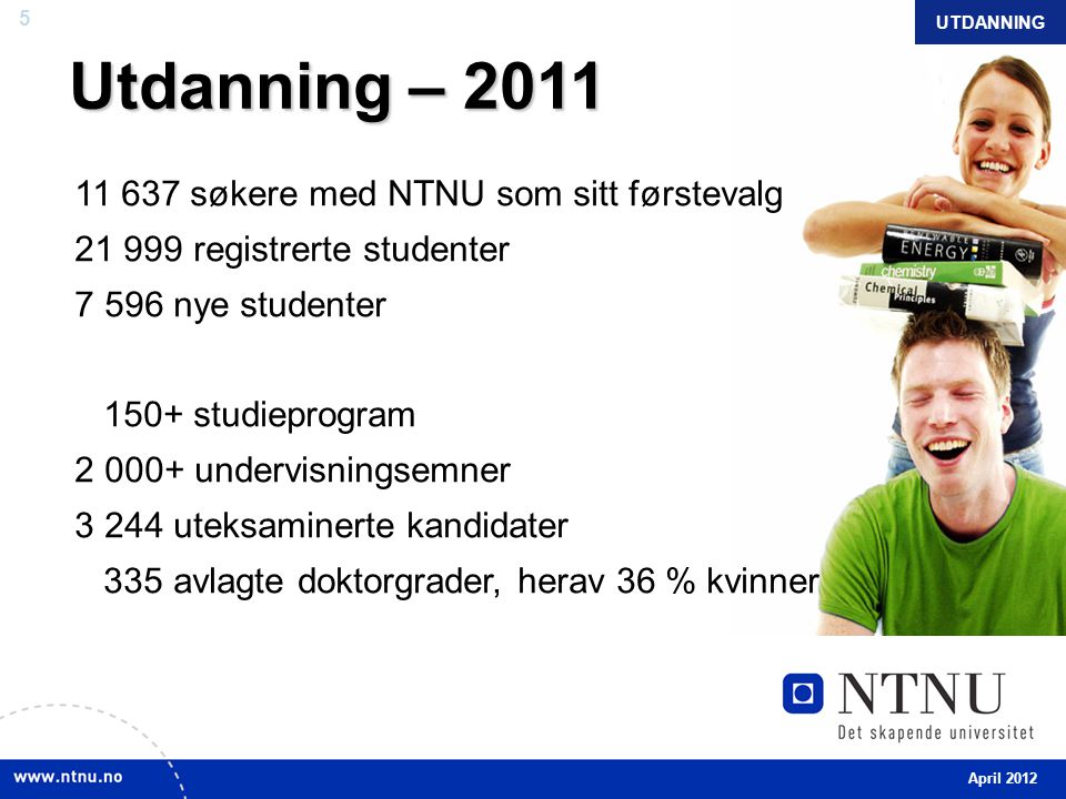 5 Utdanning – søkere med NTNU som sitt førstevalg registrerte studenter nye studenter 150+ studieprogram undervisningsemner uteksaminerte kandidater 335 avlagte doktorgrader, herav 36 % kvinner UTDANNING April 2012