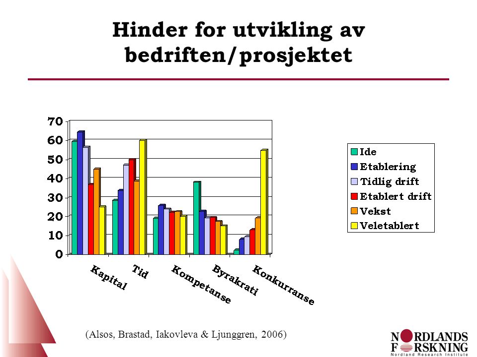 Hinder for utvikling av bedriften/prosjektet (Alsos, Brastad, Iakovleva & Ljunggren, 2006)