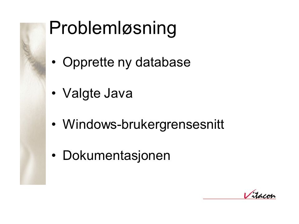Problemløsning •Opprette ny database •Valgte Java •Windows-brukergrensesnitt •Dokumentasjonen