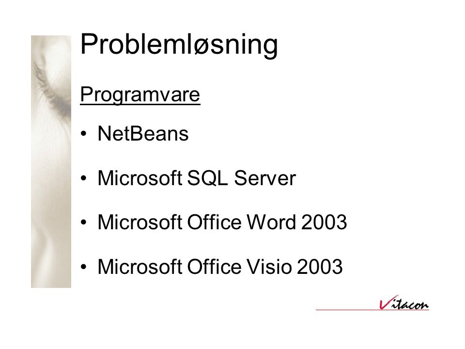 Problemløsning Programvare •NetBeans •Microsoft SQL Server •Microsoft Office Word 2003 •Microsoft Office Visio 2003
