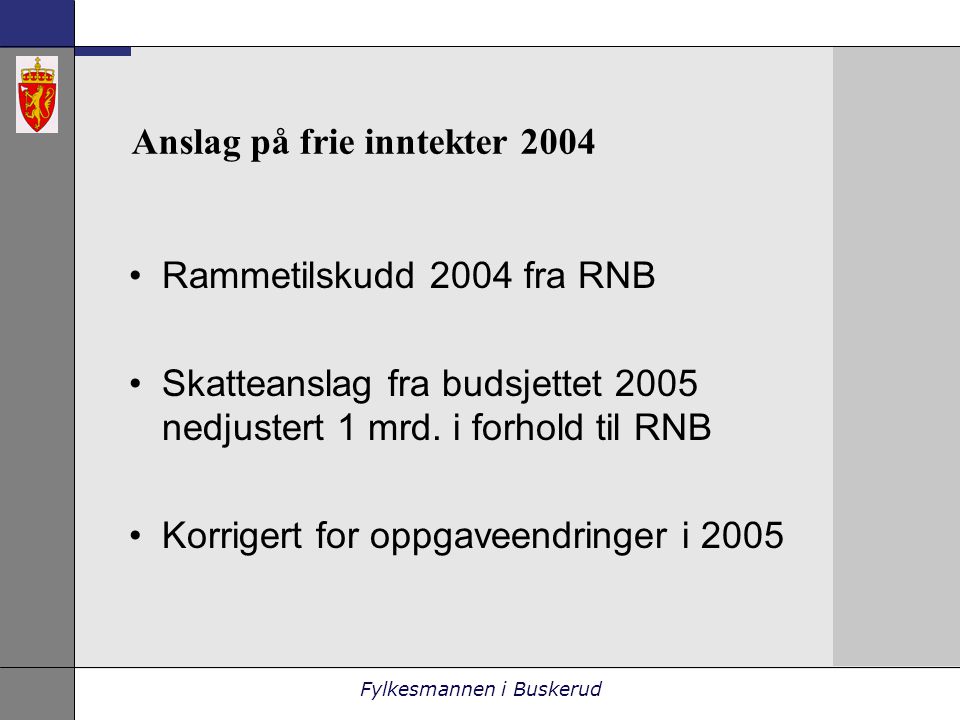 Fylkesmannen i Buskerud Anslag på frie inntekter 2004 •Rammetilskudd 2004 fra RNB •Skatteanslag fra budsjettet 2005 nedjustert 1 mrd.