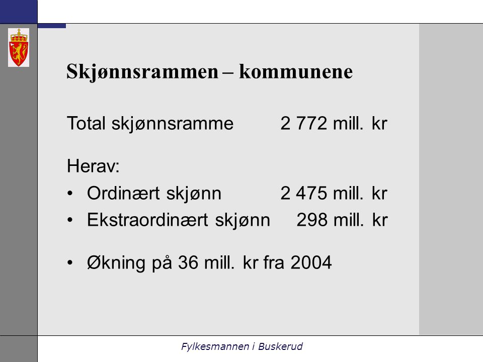 Fylkesmannen i Buskerud Skjønnsrammen – kommunene Total skjønnsramme mill.