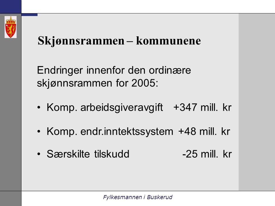 Fylkesmannen i Buskerud Skjønnsrammen – kommunene Endringer innenfor den ordinære skjønnsrammen for 2005: • Komp.