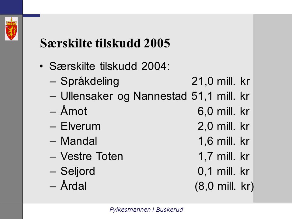 Fylkesmannen i Buskerud Særskilte tilskudd 2005 •Særskilte tilskudd 2004: –Språkdeling 21,0 mill.