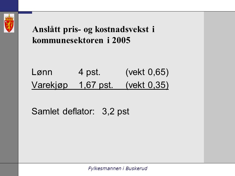 Fylkesmannen i Buskerud Anslått pris- og kostnadsvekst i kommunesektoren i 2005 Lønn4 pst.