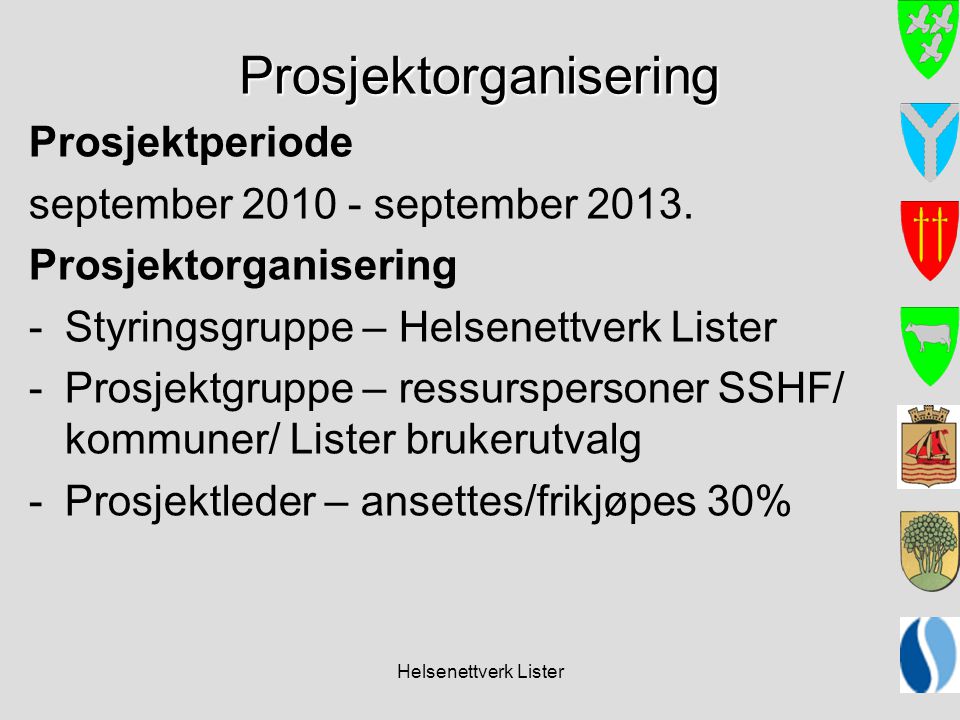 Helsenettverk Lister Prosjektorganisering Prosjektperiode september september 2013.