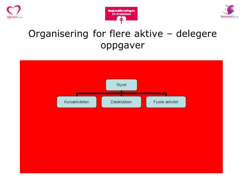 Organisering for flere aktive – delegere oppgaver Styret KursaktivitetenDataklubbenFysisk aktivitet