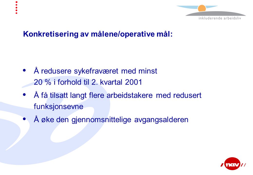 Konkretisering av målene/operative mål:  Å redusere sykefraværet med minst 20 % i forhold til 2.