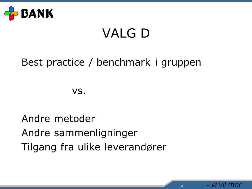 - vi vil mer VALG D Best practice / benchmark i gruppen vs.