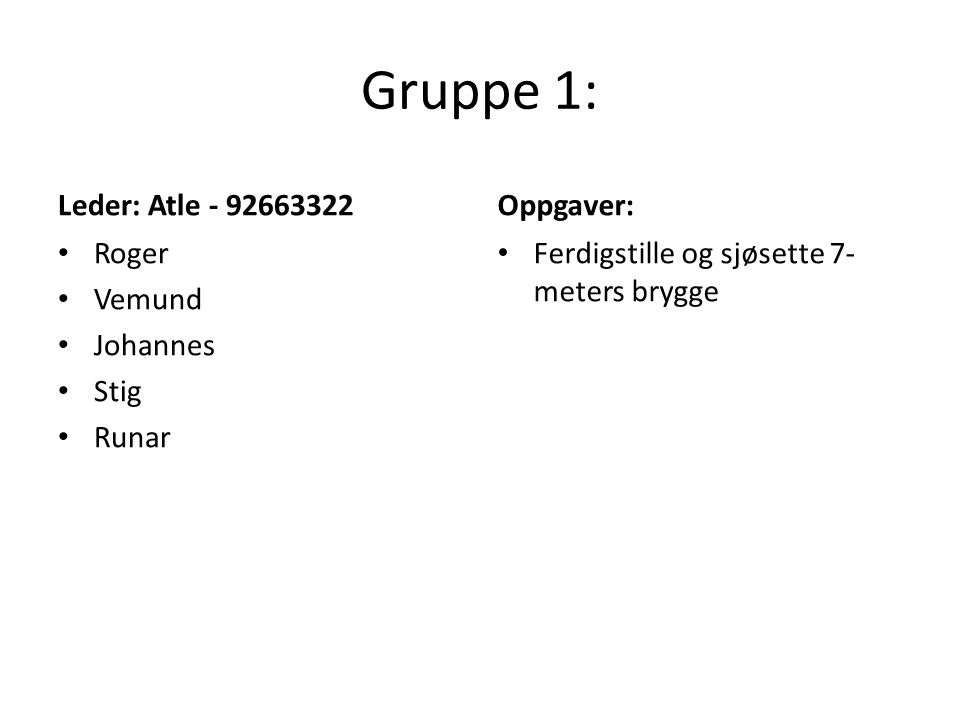 Gruppe 1: Leder: Atle Roger Vemund Johannes Stig Runar Oppgaver: Ferdigstille og sjøsette 7- meters brygge