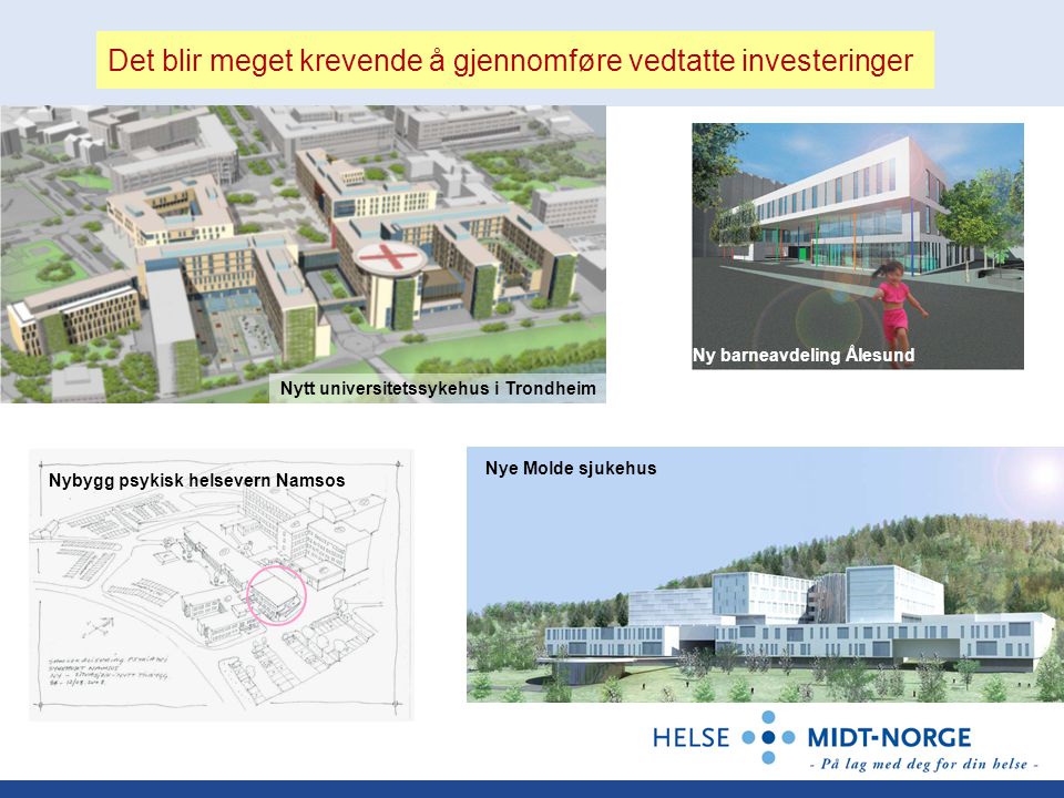 Det blir meget krevende å gjennomføre vedtatte investeringer Ny barneavdeling Ålesund Nye Molde sjukehus Nytt universitetssykehus i Trondheim Nybygg psykisk helsevern Namsos
