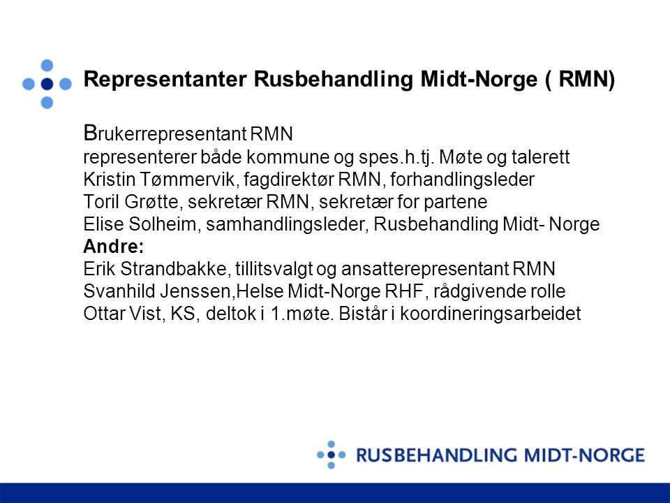 Representanter Rusbehandling Midt-Norge ( RMN) B rukerrepresentant RMN representerer både kommune og spes.h.tj.
