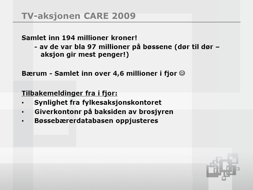 TV-aksjonen CARE 2009 Samlet inn 194 millioner kroner.