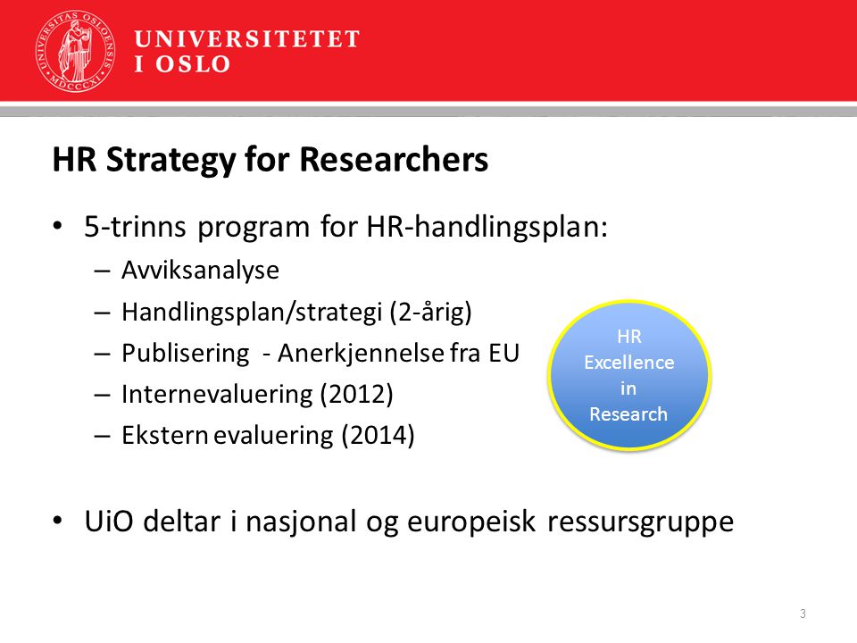 HR Strategy for Researchers 5-trinns program for HR-handlingsplan: – Avviksanalyse – Handlingsplan/strategi (2-årig) – Publisering - Anerkjennelse fra EU – Internevaluering (2012) – Ekstern evaluering (2014) UiO deltar i nasjonal og europeisk ressursgruppe 3 HR Excellence in Research