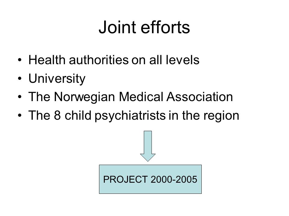 Joint efforts Health authorities on all levels University The Norwegian Medical Association The 8 child psychiatrists in the region PROJECT