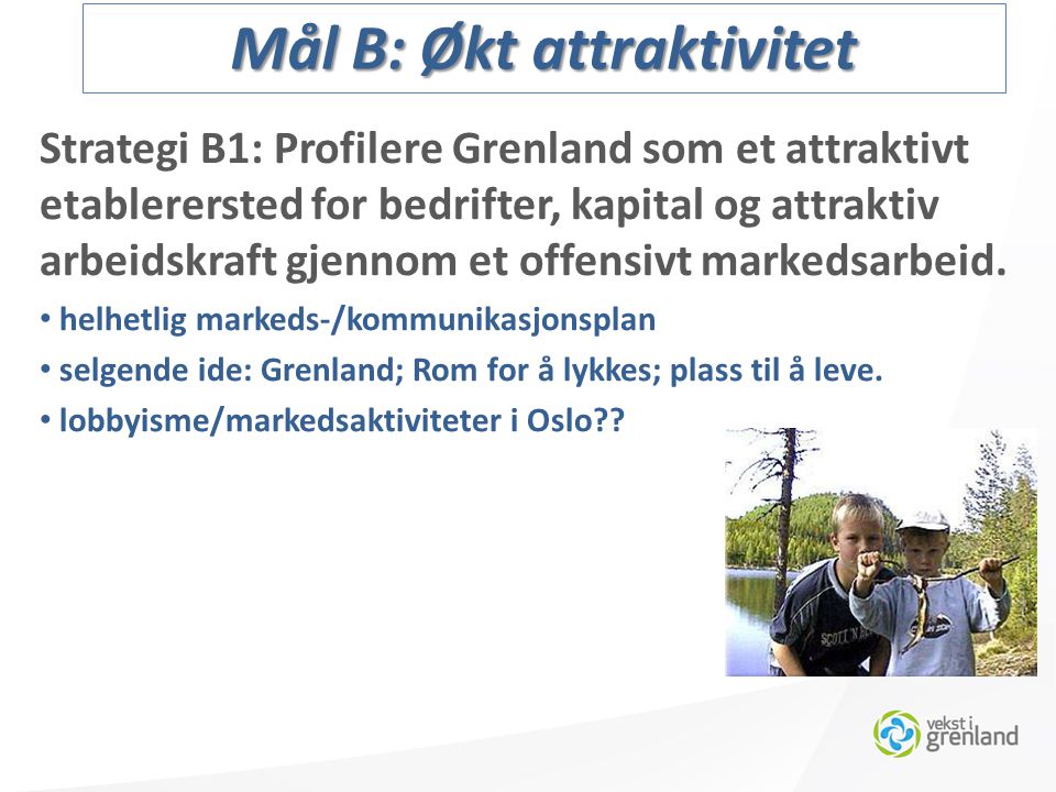 Strategi B1: Profilere Grenland som et attraktivt etablerersted for bedrifter, kapital og attraktiv arbeidskraft gjennom et offensivt markedsarbeid.