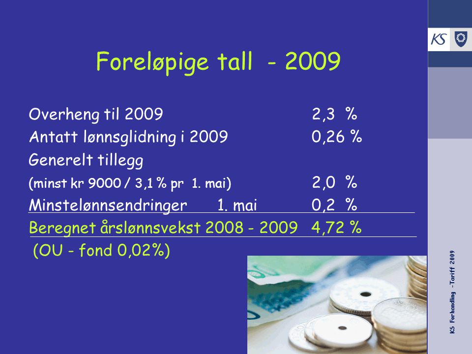 KS Forhandling -Tariff 2009 Foreløpige tall Overheng til 20092,3 % Antatt lønnsglidning i 20090,26 % Generelt tillegg (minst kr 9000 / 3,1 % pr 1.