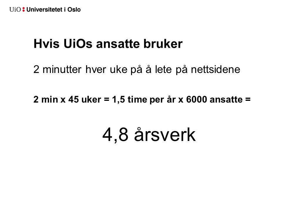 Hvis UiOs ansatte bruker 2 minutter hver uke på å lete på nettsidene 2 min x 45 uker = 1,5 time per år x 6000 ansatte = 4,8 årsverk