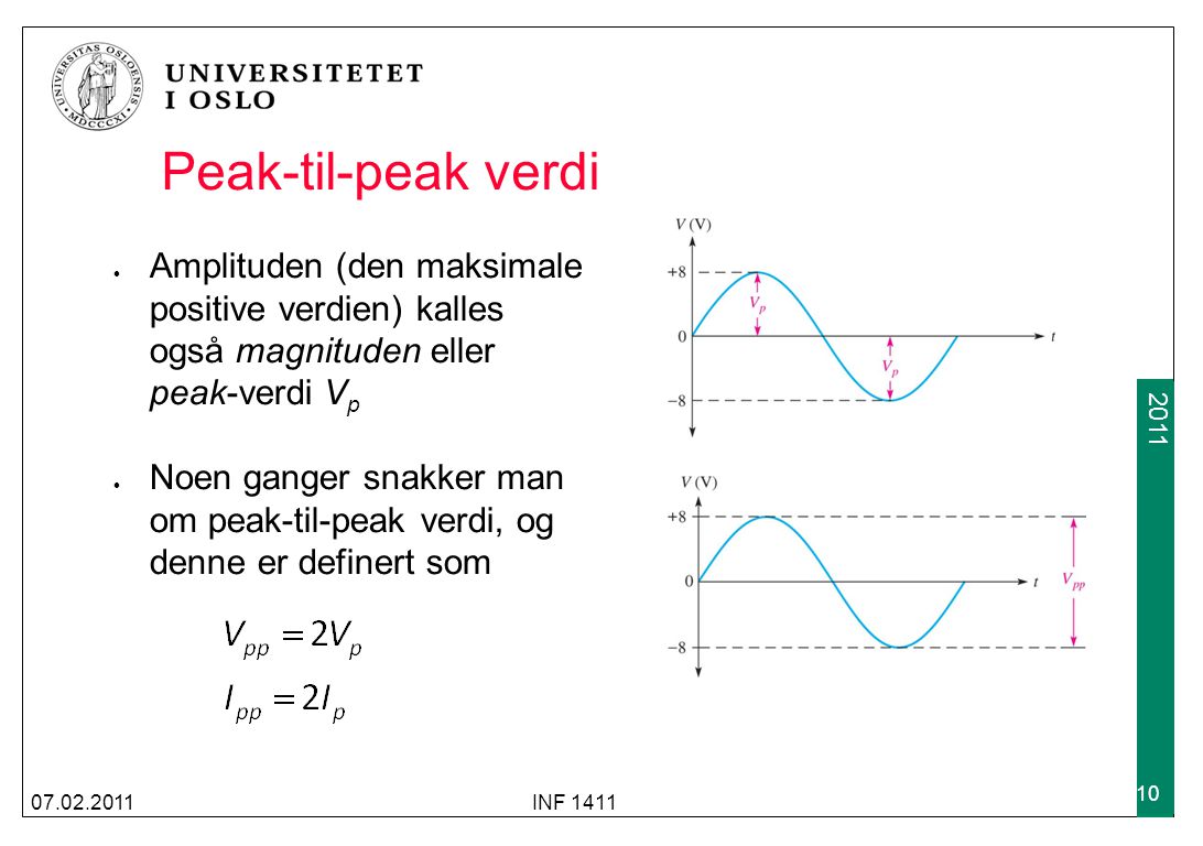 Peak-til-peak verdi Amplituden (den maksimale positive verdien) kalles også magnituden eller peak-verdi V p Noen ganger snakker man om peak-til-peak verdi, og denne er definert som INF